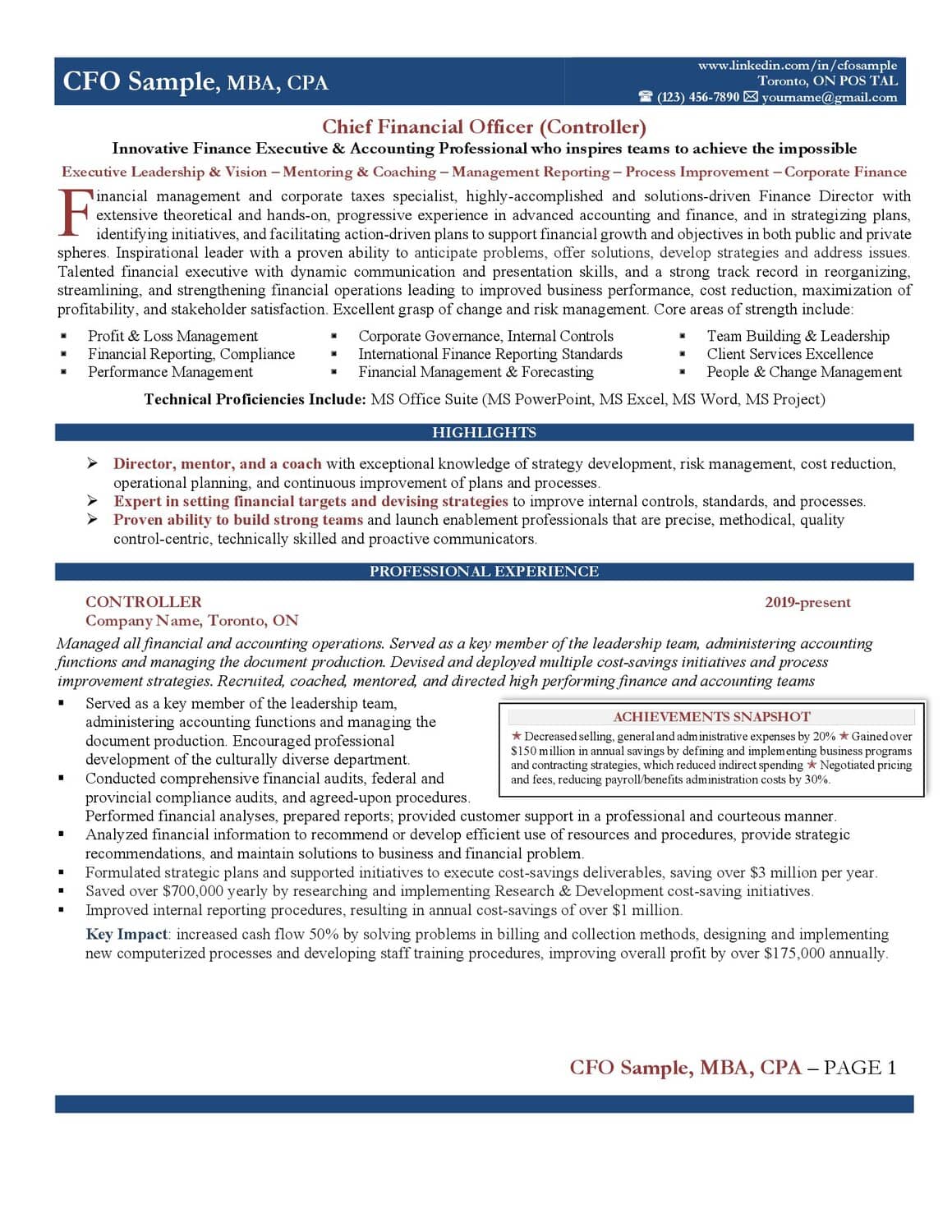 Sample Chief Financial Officer · Page 1